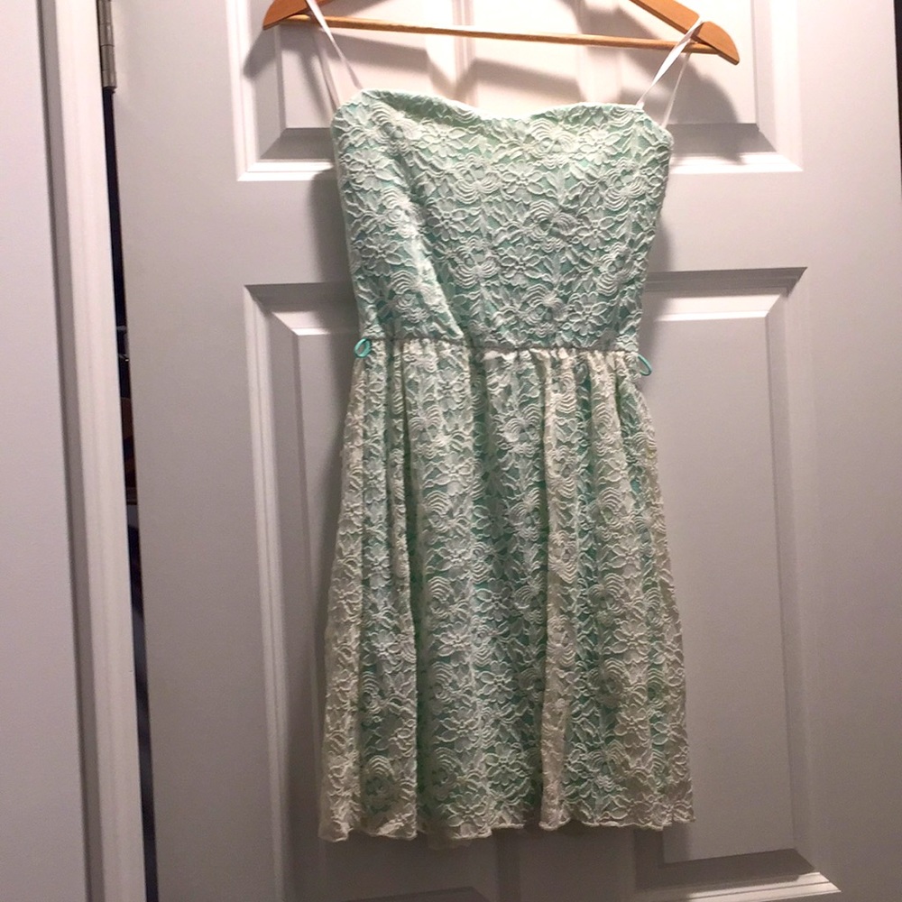 Light blue floral lace strapless dress